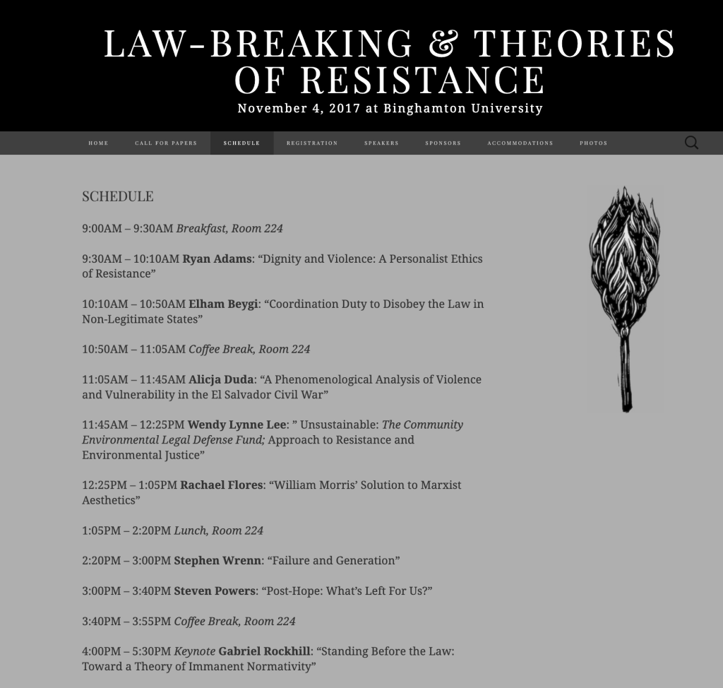 conference program for the conference on law breaking and theories of resistance